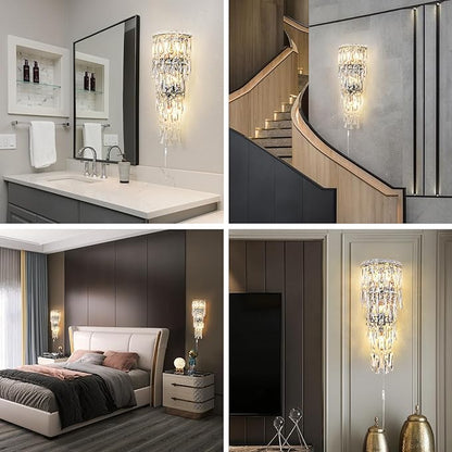 Crystal Wall Light Fixtures,Plug in Wall Sconces Luxury Chrome Wall Lamp,K9 Acrylic Crystal Drops Wall Lamp,Elegant Wall Lighting for Bedroom Bathroom Hallway Living Room Mirror Bedside