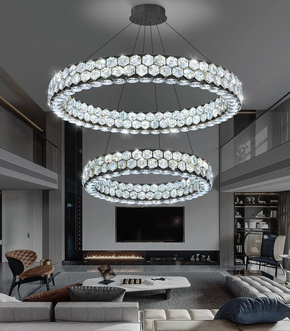 2 Rings Crystal Chandeliers for Dining Room for Living Room Bedroom High Ceiling Light Fixture LED Dimmable with Remote Ring Lights Black