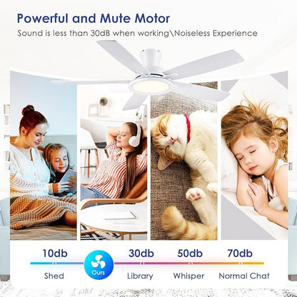 BYKISTOK 52In Flush Mount Ceiling Fans with Lights - White Low ProfileCeiling Fan with Remote/APP, Reversible, 3CCT Dimmable, Modern Fan Light for Indoor Living Room, Outdoor Covered Patios