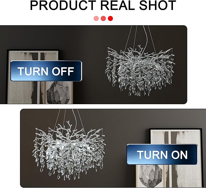 Modern Crystal Tree Branches Chandelier, 30in Silver 10 Lights Large Ceiling Hanging Light for Dining Room, Round Raindrop Pendant Light Fixture