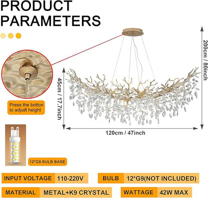 Modern Crystal Tree Branches Chandelier, 47.5in Gold 12 Lights Large Ceiling Hanging Light for Dining Room, Arc Raindrop Pendant Light Fixture