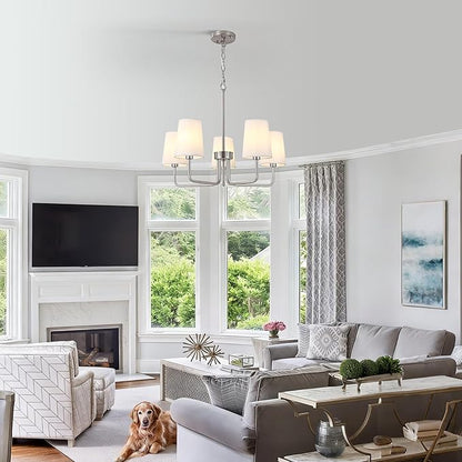 Modern Brushed Nickel 5-Light Chandelier, Farmhouse Industrial Dining Room Light Fixture Over Table with White Fabric Shade, Hanging Pendant Lighting for Kitchen Island Bedroom Living Room Entryway