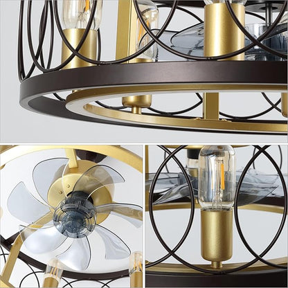 JONATHAN Y 21.6" Oil Rubbed Bronze/Gold Painting Caged Ceiling Fan with Lights, 6-Speed Industrial Farmhouse Flush Mount Fan with Remote and App Control, Metal Cage Shade, 6 LED Bulbs (JYL9732B)