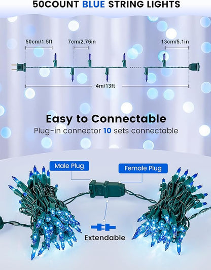 Blue Christmas Lights,13FT 50 Count Incandescent Mini Clear Lights Plug in,Blue String Lights Green Wire for Indoor Outdoor Halloween Xmas Tree Party Bedroom Wall Christmas Decoration
