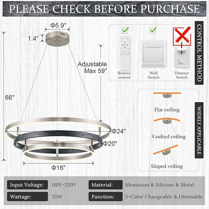 Modern LED Chandelier Black Wood Dimmable 3 Ring Brushed Nickel Chandeliers Light 24in Dining Room Chandeliers for Entryway Foyer Kitchen Island Living Room Study Room