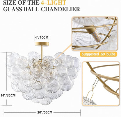 Bubble Ball Semi Flush Mount Ceiling Light Fixture, 20" Bubble Chandelier, Modern Hand Blown Glass Chandelier for Bedroom, Living Room, Dining Room (20" Gold Ceiling Light)