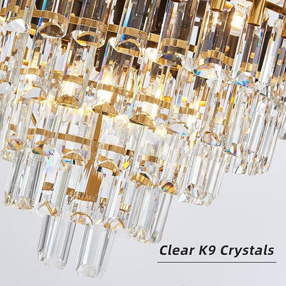 10-Light Large Crystal Chandelier 24" Dining Room Light Fixtures 5 Tiers Flush Mount Black and Gold Chandelier Round Large Chandeliers for Dining Room Living Room Kitchen Entryway Foyer