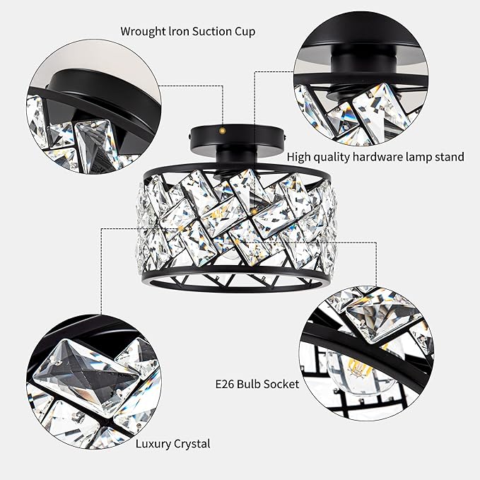 Rpzloila Crystal Ceiling Light Fixture, Modern Semi Flush Mount Ceiling Light,Crystal Chandelier for Kitchen Bedroom Bathroom Entryway, Black Finish
