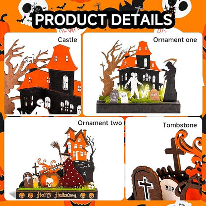 2 Pieces Wooden Halloween Table Decorations Indoor, Festival Decoration Night Light, Witch Tombstone Castle Halloween Decor for Desk Table Fireplace Room Living Room Kitchen Office Bar