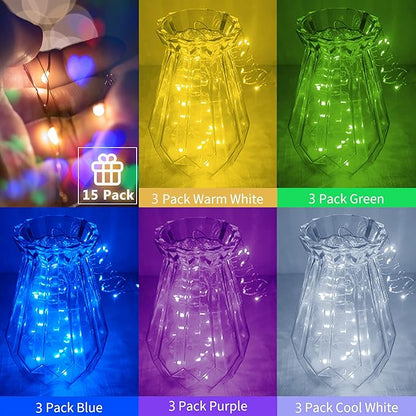 SmilingTown Christmas Fairy String Lights,15 Packs 20 LEDs Battery Operated 6.6FT Silver Copper Wire Starry String Light for DIY Bottle Jars Costume Wedding Party Easter Table Decorations (5 Colors)