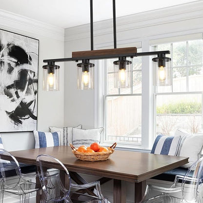 29.3'' Kitchen Island Light Fixtures, 4-Light Dining Room Light Fixture Chandelier Over Table, Black Modern Rustic Wood Ceiling Pendant Light Fixtures, with Clear Glass Shade, Farmhouse Chandelier