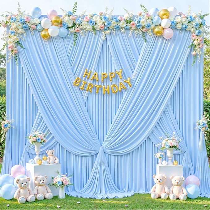 6 Panels Baby Blue Backdrop Curtain for Baby Shower Parties Wrinkle Free Light Blue Curtains Backdrop Drapes Fabric Decoration for Birthday Party Photography 30ft(W) x 10ft(H)