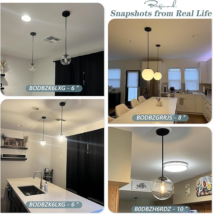 Bagood 6 Inch Globe Pendant Light Black Mid Century Pendant Light Clear Glass Pendant Lights Kitchen Island Mid Century Adjustable Hanging Farmhouse Pendant Lights Fixtures for Kitchen Island
