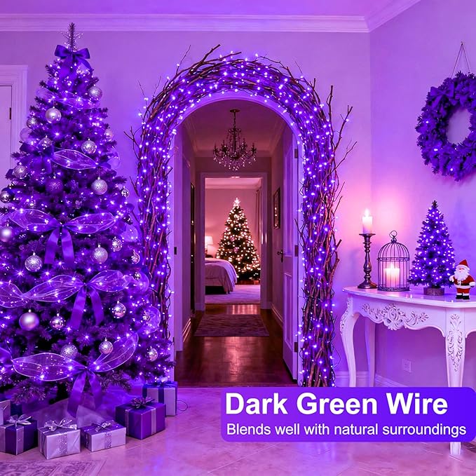 Purple Christmas Lights Outdoor, 66FT 200 LED String Lights for Outside Waterproof, 8 Modes Connectable Fairy Lights Green Wire for Indoor Home Garden Patio Party Holiday Decorations