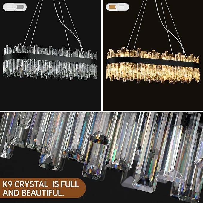 Weesalife Black Crystal Chandeliers for Dining Room, 20 Lights Modern Oval Chandelier for Lining Room, Rectangular Crystal Pendant Light Fixture for Kitchen Island Bar L36 Inch