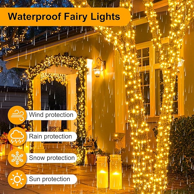 2-Pack Total 136FT 400LED Connectable String Lights Indoor Outdoor Clear Wire, Warm White Christmas Tree Lights Waterproof with 8 Modes & Timer, Twinkle Lights for Xmas Tree Decorations