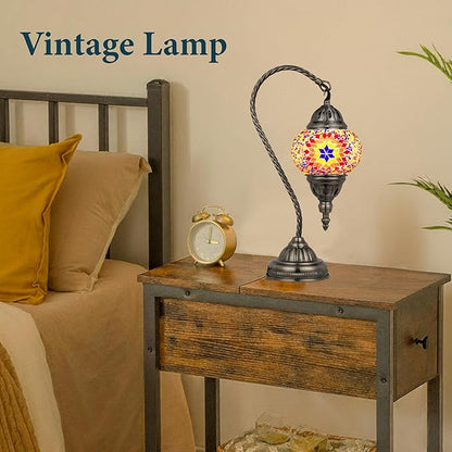 Marrakech Tiffany Lamp Turkish Table Lamps with Vintage Style, Handmade Moroccan Mosaic Lamp with Swan Neck Bronze Base Including LED Bulb for Living Room Bedroom Decor (Orange)