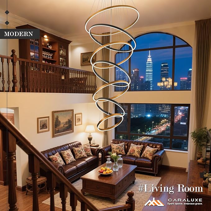 7 Ring LED Chandelier Black Gold Chandelier Large Dimmable Circular Chandeliers Light High Ceiling Round Chandeliers for Foyer Staircase Living Room 31in