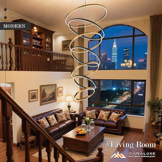 7 Ring LED Chandelier Black Gold Chandelier Large Dimmable Circular Chandeliers Light High Ceiling Round Chandeliers for Foyer Staircase Living Room 31in
