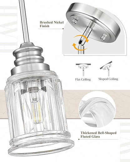 HWH Pendant Light Kitchen Island, Bell-Shaped Fluted Clear Glass Pendant Light, Pendant Lighting Height Adjustable for Dining Room, Brushed Nickel, 5HZG106MIL-L BN