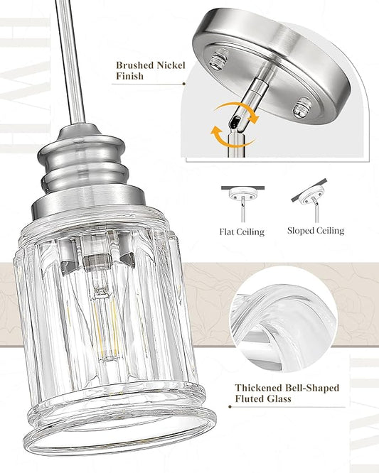 HWH Pendant Light Kitchen Island, Bell-Shaped Fluted Clear Glass Pendant Light, Pendant Lighting Height Adjustable for Dining Room, Brushed Nickel, 5HZG106MIL-L BN