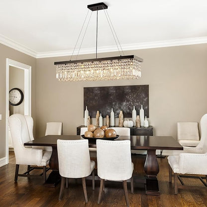 Modern Crystal Chandelier for Dining Room, 8-Light Black Rectangle Pendant Ceiling Light Fixture for Kitchen Island Bar, L40 x W10 x H10