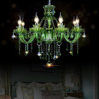 Bagood 8 Lights Green K9 Crystal Candle Chandeliers Lighting Modern Pendant Lights Candle Chandelier Lighting for Dining Living Room Bedroom Entry Elegant Decoration E12 Base, H22.8 x W27.2 Inch