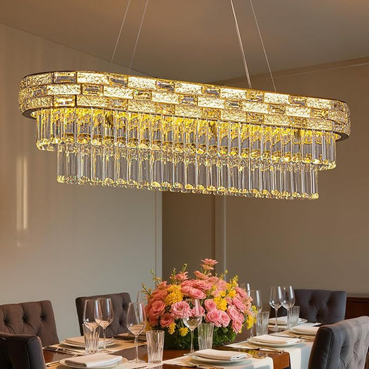 SNZ 35.4" L Modern Crystal Chandelier, Gold Large Chandeliers for Dining Room, K9 Luxury Chandelier, Pendant Light Fixture, LED Chandelier for Living Room Kitchen Island Entryway