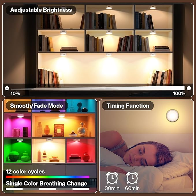Cadrim Puck Lights, 13 Colors Changeable LED Puck Lightings, LED Lights for Bedroom, Under Cabinet Lights, Under Cabinet Lighting with 2 Wireless Remote Controls for Kitchen(6 Pack)