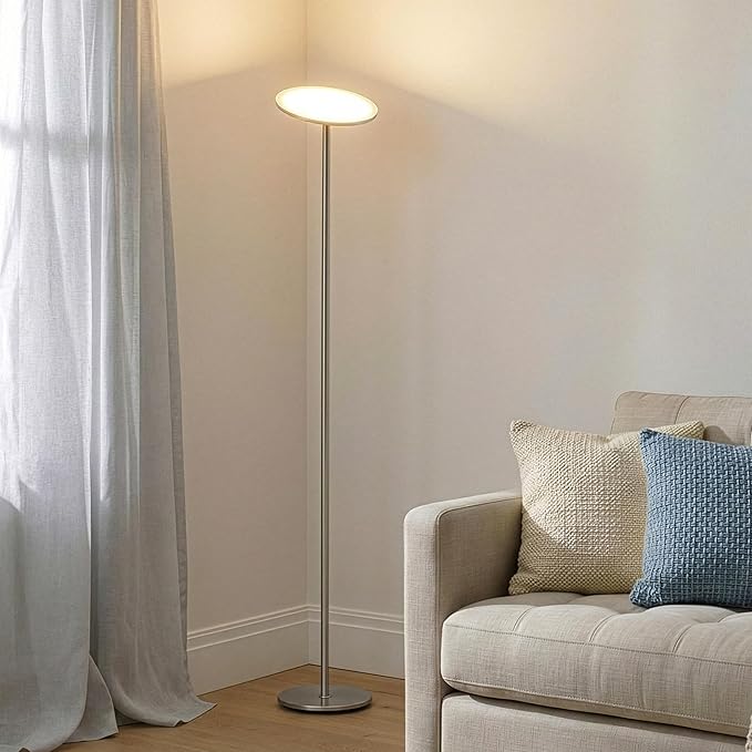 Brightech Sky LED Floor lamp, Torchiere Super Bright Floor Lamp for Living Room Decor & Office - Dimmable, Tall Standing Torch Lamp with Warm Light for Bedroom & Reading - Platinum Silver