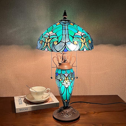 Tiffany Table Lamp with Nightlight Sea Green 3 Lights Stained Glass Desk Lamp for Reading Antique Nightstand Table Light for Living Room Bedroom Entryway