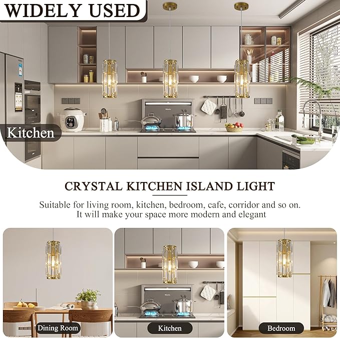 Pendant Lights Modern Gold Pendant Light, Mini Crystal Pendant Lighting for Kitchen, Dining Room, Bedroom Adjustable Pendant lamp (Gold 2 Pack)