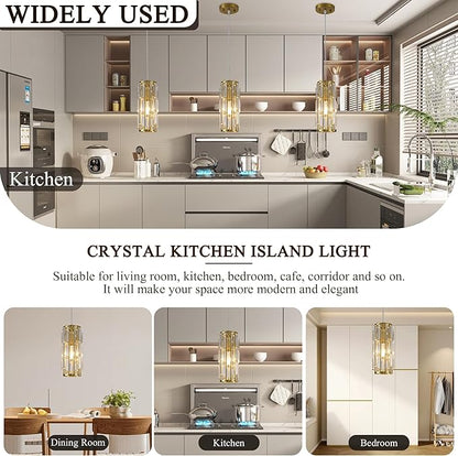 Pendant Lights Modern Gold Pendant Light, Mini Crystal Pendant lamp, Adjustable Pendant Lighting for Kitchen, Dining Room, and Bedroom (Gold Pack of 3)