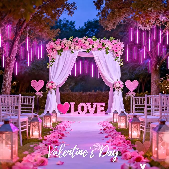 JMEXSUSS Pink Valentine Lights Outdoor, 8 Tube 144 LEDs Solar Meteor Shower Lights Outdoor, Solar Christmas Lights for Tree Eave Holiday Party Patio House Wedding Valentine's Day Decor