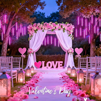 JMEXSUSS Pink Valentine Lights Outdoor, 8 Tube 144 LEDs Solar Meteor Shower Lights Outdoor, Solar Christmas Lights for Tree Eave Holiday Party Patio House Wedding Valentine's Day Decor
