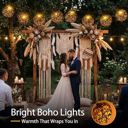 Vigdur Rattan Ball String Lights, Boho Lantern String Lights with 10 Led Bulbs Connectable, Indoor Outdoor String Light for Bedroom Wedding Garden Party Backyard Decor, 9.84FT