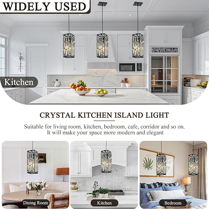 Crystal Pendant Lights for Kitchen Island, Pendant Lighting Modern Pendant Light, Adjustable Pendant Light Fixture for Kitchen (Black, Square-2pcs)