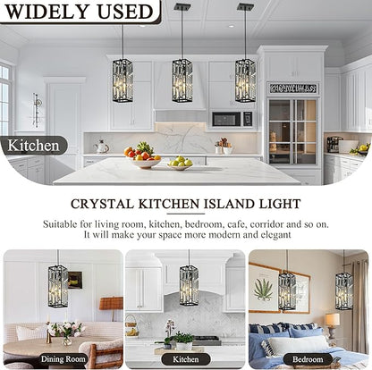Crystal Pendant Lights for Kitchen Island, Pendant Lighting Modern Pendant Light, Adjustable Pendant Light Fixture for Kitchen (Black, Square-2pcs)