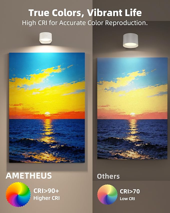 Picture Lights for Wall, 2000mAh Rechargeable Magnetic Art Lights with 3 Color Temps & RGB, Remote Dimmable Battery Operated Wall Light for Bedroom, Living Room, Gallery (White, 6 Pack)