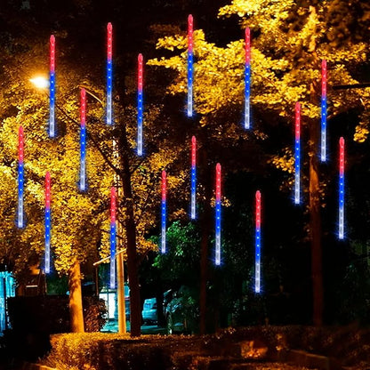 Dazzle Bright 4th of July Lights Decorations, 864 LED Red Blue and White Meteor Shower Rain Lights 12Inch 24 Tubes, Waterproof Plug in Falling Rain Light Independence Day for Outdoor Yard