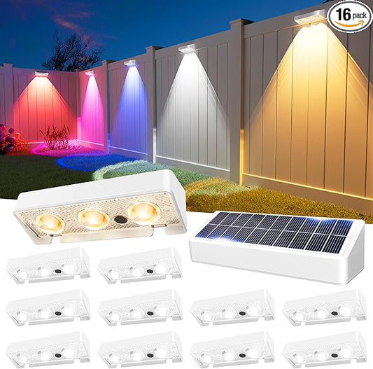 JOFIOS Solar Fence Lights Outdoor, 9 Fixed Colors ＆ Color Changing Fence Lights Solar Powered Waterproof IP65 Dusk-to-Dawn LED Deck Lighting for Patio, Railing, Pool, Porch, Backyard, Wall, 12 Pack