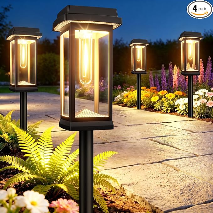 Solar Pathway Lights Outdoor, 4 Pack Upgraded Solar Garden Lights solar powered, solar lights outdoor waterproof IP65, 15 Hours Outdoor Solar Lights for Yard Patio Landscape Walkway Driveway Decor