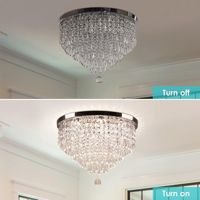 Modern 19.7" Crystal LED Ceiling Light with Remote Control, Flush Mount Chandelier, Dimmable & 3 CCT, 5-Tier K9 Crystal, Chrome Finish for Living Room Bedroom Dining Room