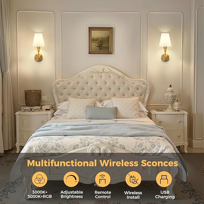 DORESshop Battery Operated Wall Sconce Set of 2, Wall Light Wireless Easy to Install, Dimmable and Adjustable Sconces Wall Decor, Rechargeable Wall Lamp for Bedroom, Living Room, Gold 14.8in
