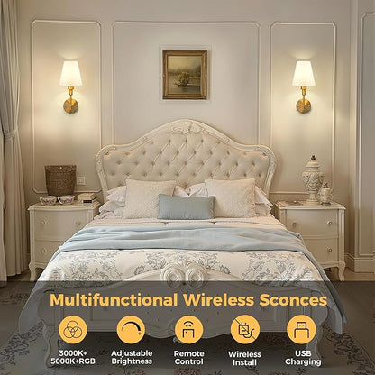 DORESshop Battery Operated Wall Sconce Set of 2, Wall Light Wireless Easy to Install, Dimmable and Adjustable Sconces Wall Decor, Rechargeable Wall Lamp for Bedroom, Living Room, Gold 14.8in