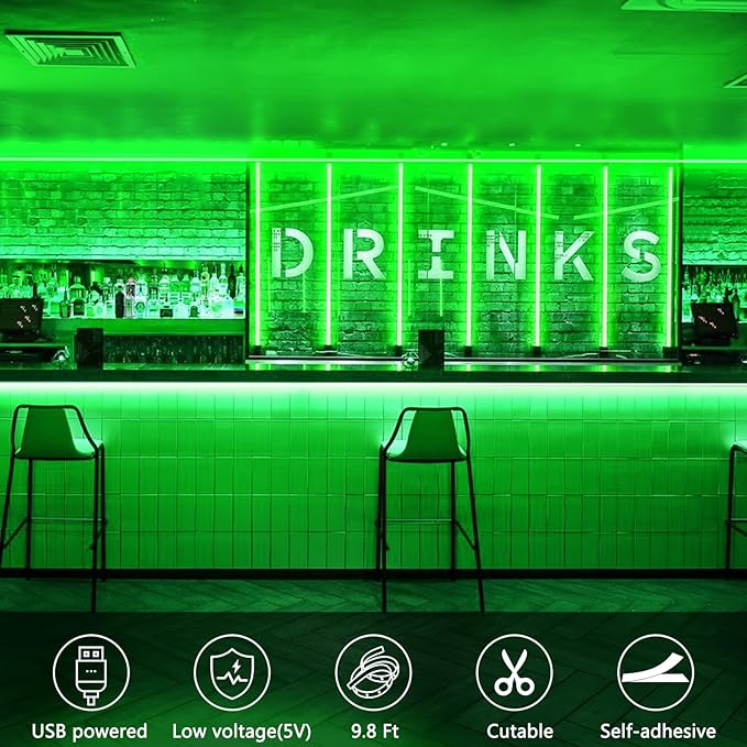 echosari Strip Lights USB 5V, 9.8Ft 180 LED Strip Lights Cuttable 2835 SMD Super Bright with Self-Adhesive DIY for Cabinet Photo Frames Desks Monitor Shelves Decor (Green)