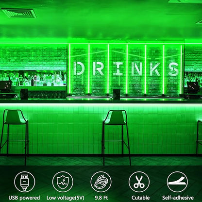 echosari Strip Lights USB 5V, 9.8Ft 180 LED Strip Lights Cuttable 2835 SMD Super Bright with Self-Adhesive DIY for Cabinet Photo Frames Desks Monitor Shelves Decor (Green)