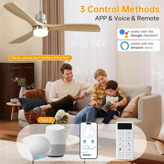 Sofucor Smart Ceiling Fan, 52" Low Profile Ceiling Fans with Lights and Remote, Compatible with Alexa/Google/App, 3-Color Light 6-Speed DC Motor Reversible Timer for Bedroom Living Room Patio Outdoor
