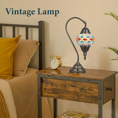 Marrakech Stained Glass Lamp Turkish Table Lamp with Tiffany Style, Handmade Moroccan Mosaic Lamps Vintage with Swan Neck Bronze Base Including LED Bulb for Living Room Bedroom Decor (Colorful3)