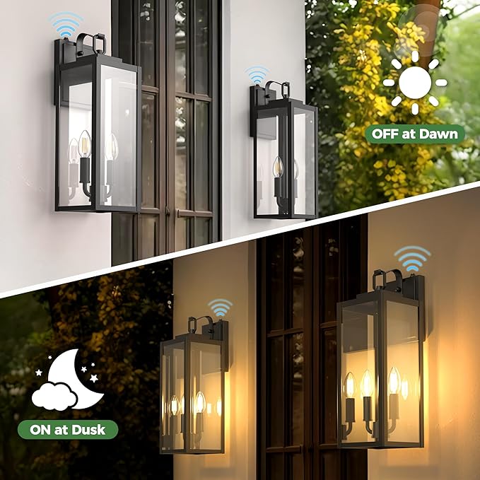 DORESshop 20" Dusk to Dawn Outdoor Wall Lights, 2-Light Black Outdoor Wall Sconce Lantern with Clear Glass, Tall Transitional Exterior Light Fixtures for Porch, Garage, ETL Listed, 2 Pack